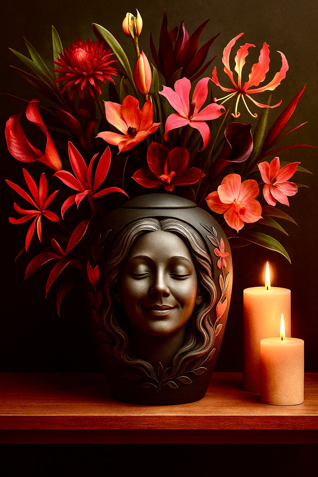 Decorative urn with face design surrounded by flowers and candles on a dark background
