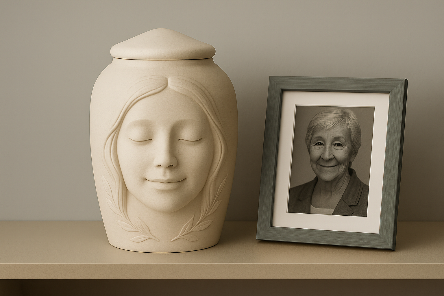 Personalized 3D memorial urn with a serene face design, created in resin to resemble a loved one, displayed beside a framed photo. Custom handmade urn by Always With Me.

