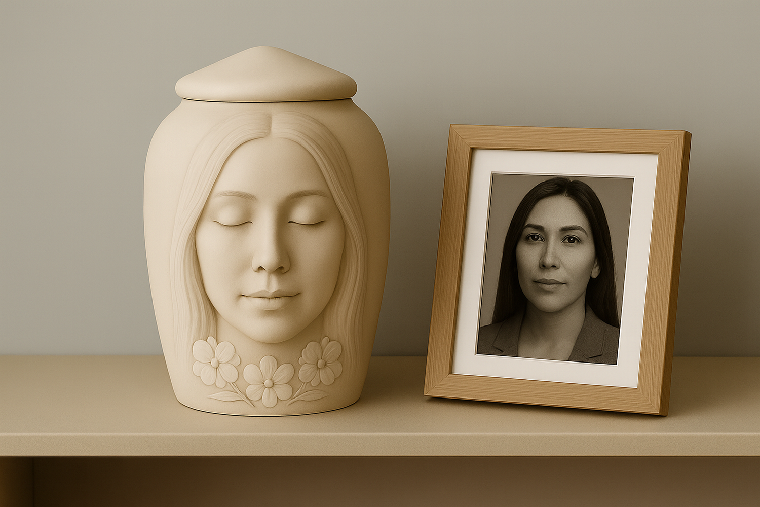 Personalized 3D memorial urn with a serene face sculpted in resin, resembling a loved one. Custom handmade urn by Always With Me.
